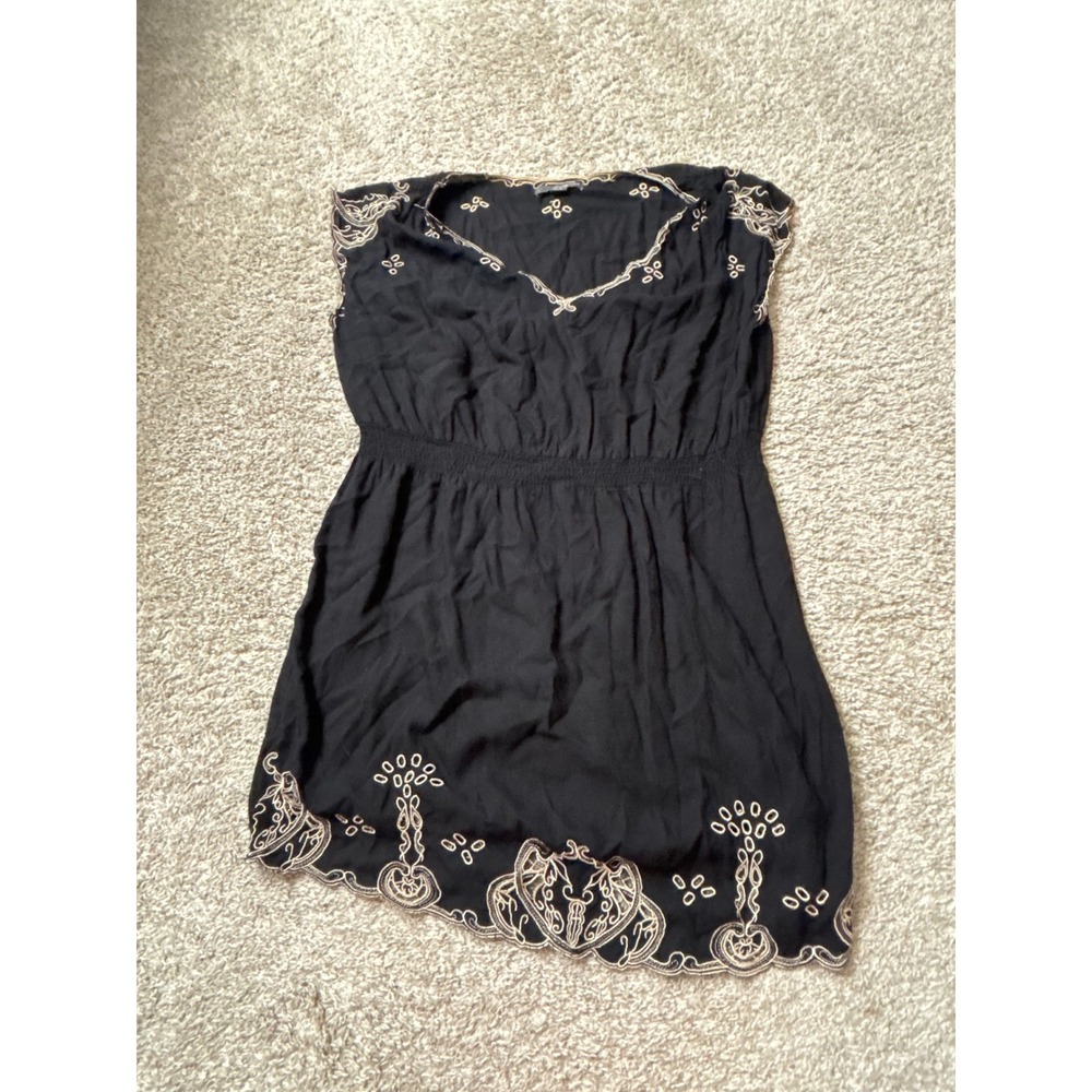 Twenty One Black Gold Embroidered Smocked Waist Mini Dress Large Boho V-Neck